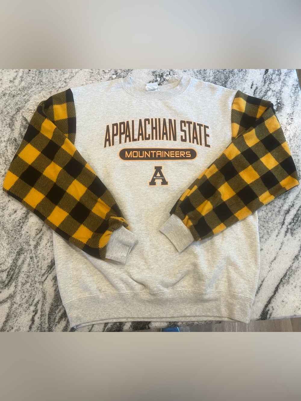 Upcycled 💛🖤Appalachian Mountaineers Gray Sweatshirt w Yellow Plaid Sleeves